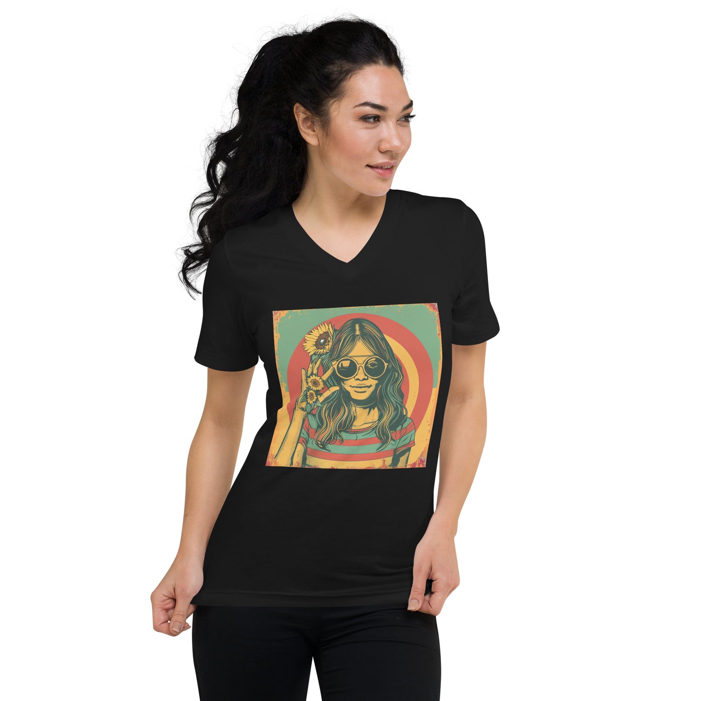 Vintage Sunflower Girl V-Neck T-Shirt